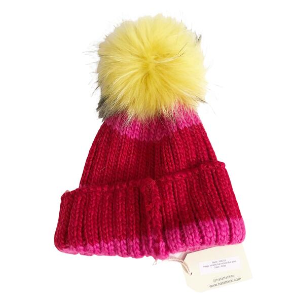 Hat Attack Red Pink Striped Knit Real Fur Pom Pom Beanie Cap winter NWT Barbie main image 13